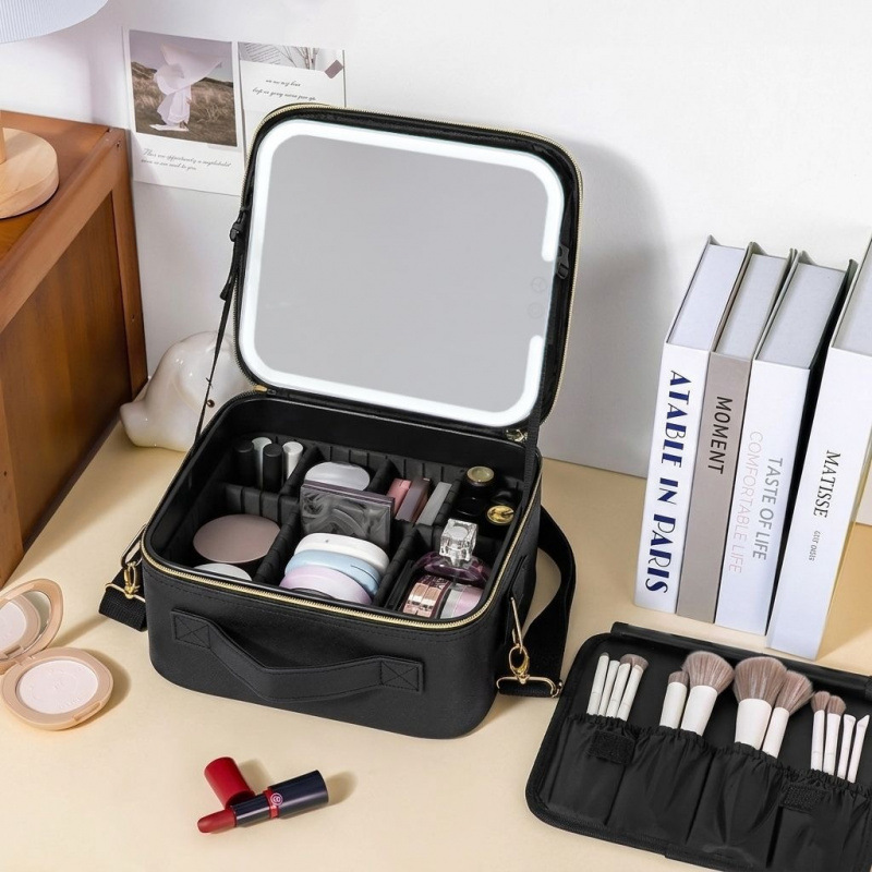 2026 nuevo tipo con lámpara led espejo maquillaje bolsa de maquillaje bolsa de transporte de productos de cuidado de la piel bolsa de maquillaje portátil