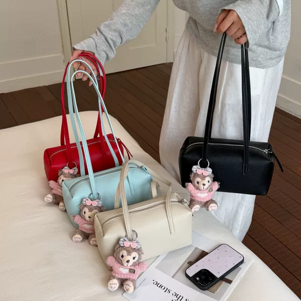 Cross-Border Simple and Versatile Casual Boston Bag, Niche Lychee Pattern Fashion Shoulder Bag with Long Strap, Commuter Underarm Bag
