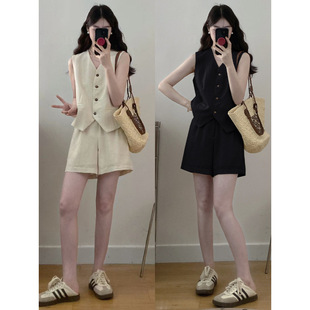 Summer New Large Size Fat mm Old Money Style Simple Linen Vest + Shorts Two-Piece Set