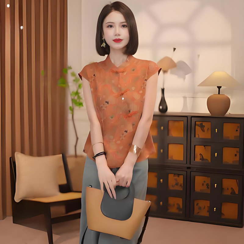 新しい中国風の半袖シャツ女性のための夏の新しいファッション気質シャツ小柄な人ルーズ痩身シャツ|undefined