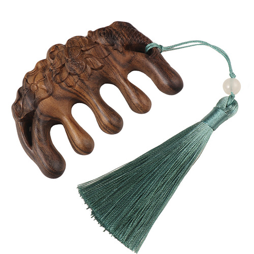 Green sandalwood massage comb, head meridian comb, single-sided carving, wide-toothed rounded teeth, thick-toothed whole wood comb