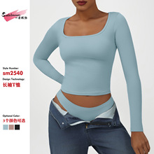 新款欧美高弹紧身t恤休闲百搭运动上衣方领性感纯色长袖瑜伽上衣