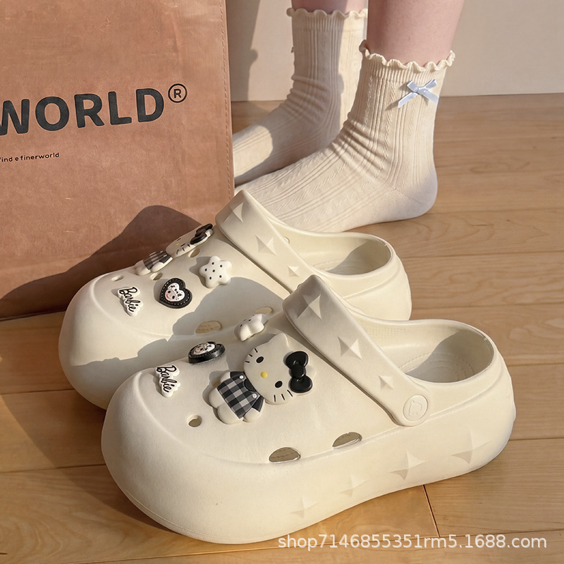 Summer Women's Outdoor Clogs with Holes, Height-Increasing and Slimming, Cute Cartoon Cat Kt, Lightweight, Non-Slip, Eva Solid