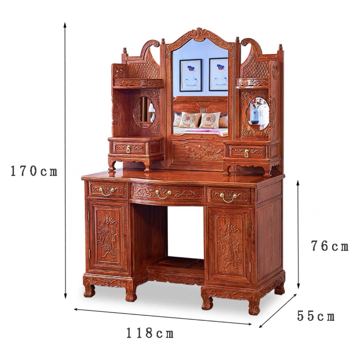 3 개의 거울이있는 투피스 화장대 (레드 백단향 고슴도치)