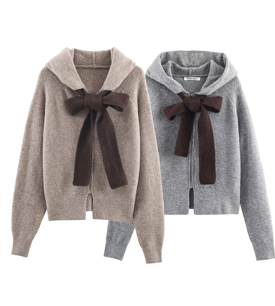 Bowknot Women's Hooded Zip-Up Sweatshirt Cardigan Jacket European and American Cross-Border Casual Style Autumn and Winter Season