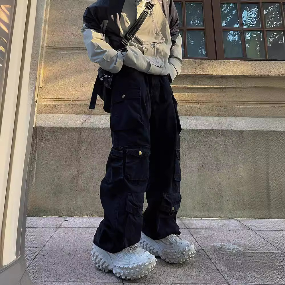 2023 estilo europeo y americano retro marca de moda casual pantalones sueltos rectos pierna ancha multi-Bolsillo overoles hombres