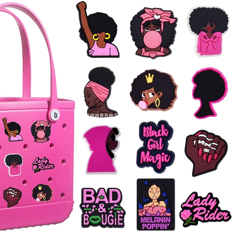 12Pcs Pink Black Girl Accessories Charm Decorative Rubber Handbag Buckle, Ladies Casual Southern Bag Buckle
