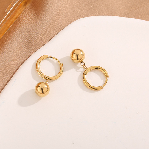 Women's Autumn/Winter Earrings Korean Style Titanium Steel Round Bead Earrings Minimalist Round Ring Small Ball Gold Bean Earrings Dangle Earrings Non-Fading