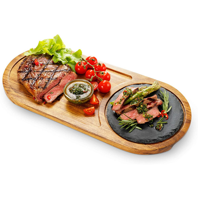 Pastoral style Oval acacia wood with slate steak plate fruit and vegetable salad plate one person food tray