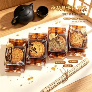 中秋节月饼包装袋古风手工蛋黄酥密封袋带托冰皮月饼机封袋侧凹