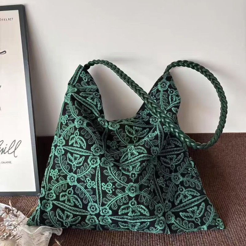グリーンジャングル織り刺繍キャンバスバッグ大容量オリジナルニッチハンドメイドバッグ多用途シンプルトートバッグ|undefined