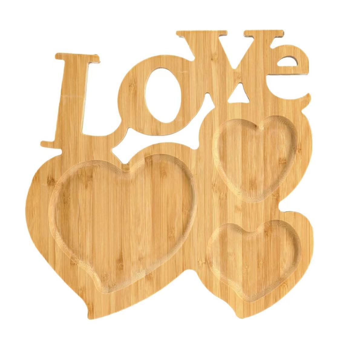 情人节竹木爱心餐盘桌面装饰木质心形托盘创意实木雕刻LOVE托盘