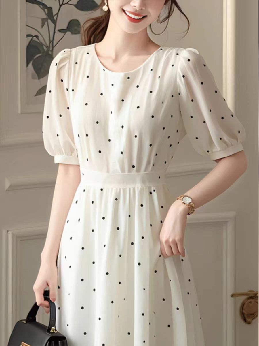 Đầm maxi nữ thắt eo chất liệu voan chấm bi trắng kiểu Pháp — Điểm sóng trắng