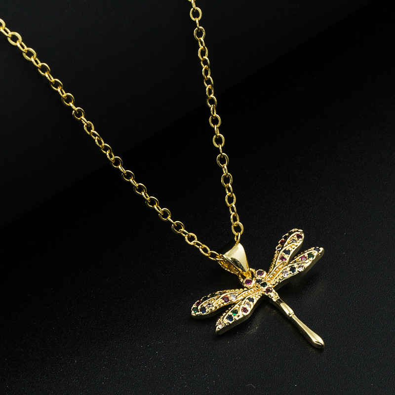 fashion Copper Plating 18K Gold Micro Inlaid Zircon Dragonfly Pendant Necklace