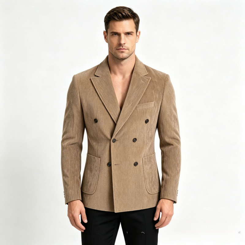 Cross-border men's corduroy double-breasted blazer, retro notched lapel, slim-fit casual business single-breasted jacket