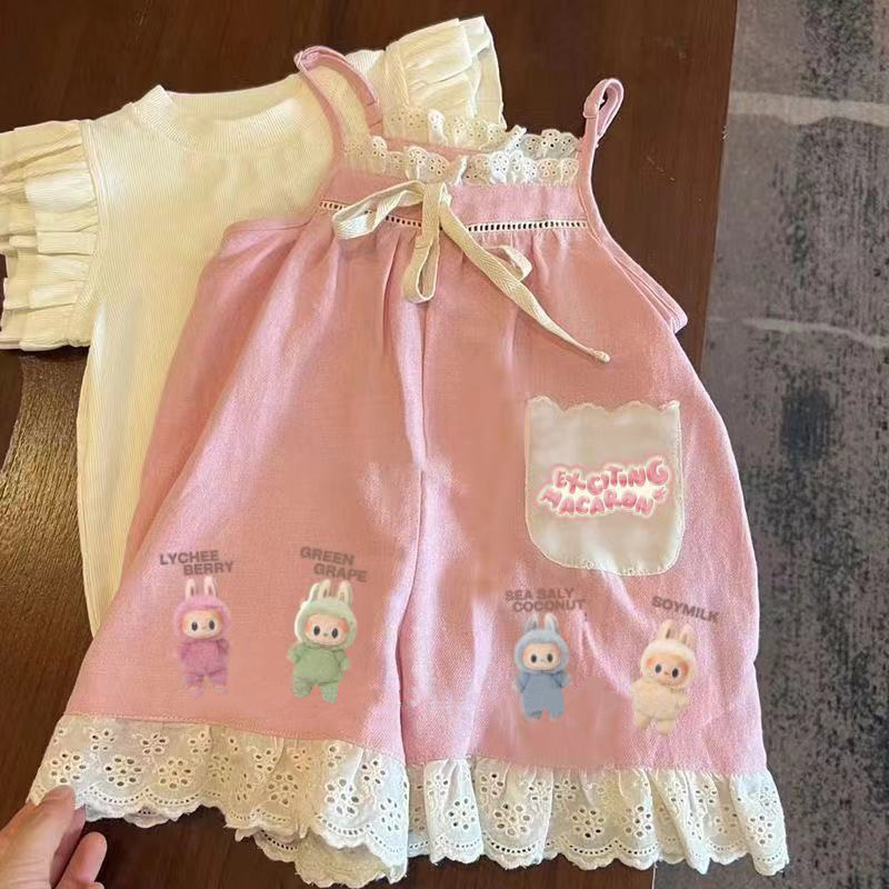 Foreign Trade Girls' Suit Summer New Cute and Sweet Overalls Labubu Lace Trim Children's Jumpsuit