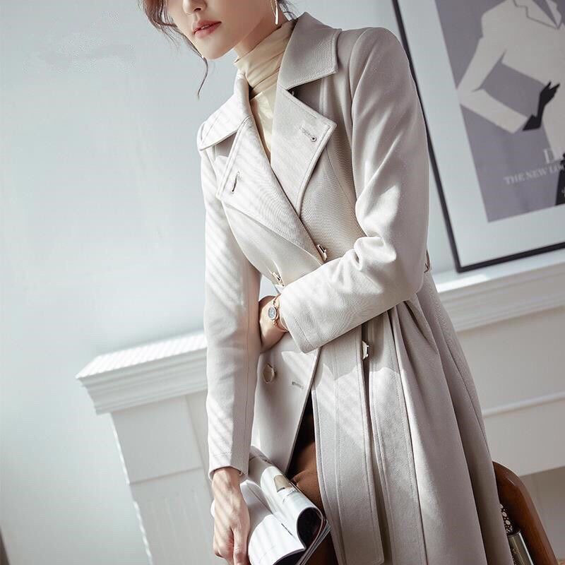 米白色設計感風衣女中長款2025秋天新款高端氣質修身大衣減齡外套
