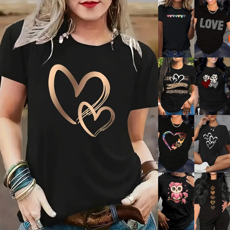 Cross-border TEMU Free Shipping Women's Short-sleeved Amazon AliExpress Shrimp Skin European and American Valentine's Day Love Round Neck Women's Top