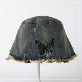 ins复古水洗蝴蝶牛仔渔夫帽子女春夏百搭显脸小水桶盆帽