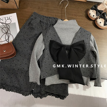 女童秋装儿童套装新款洋气时髦潮小女孩蝴蝶结三件套女宝童装外贸