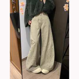 设计感重工烫钻高腰直筒牛仔裤女2025秋季新款垂感宽松阔腿裤长裤