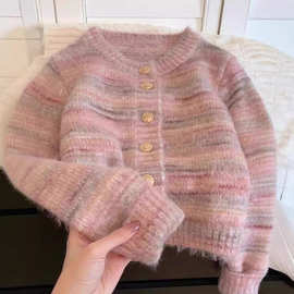 防水貂条纹毛衣外套女2024春秋新款粉色小香风圆领针织开衫短上衣