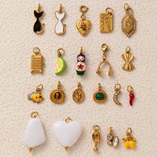 欧美跨境新款钛钢猫水果爱心滴油镶钻吊坠时尚DIY酒杯小鱼18k金