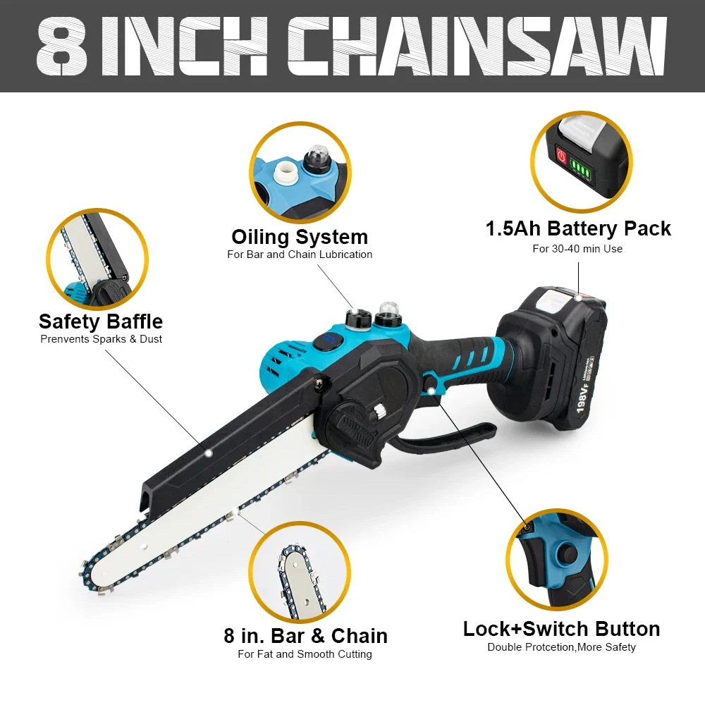 8寸数显手持21v有刷锂电家用单手锯户外伐木无线手电锯电链木工锯