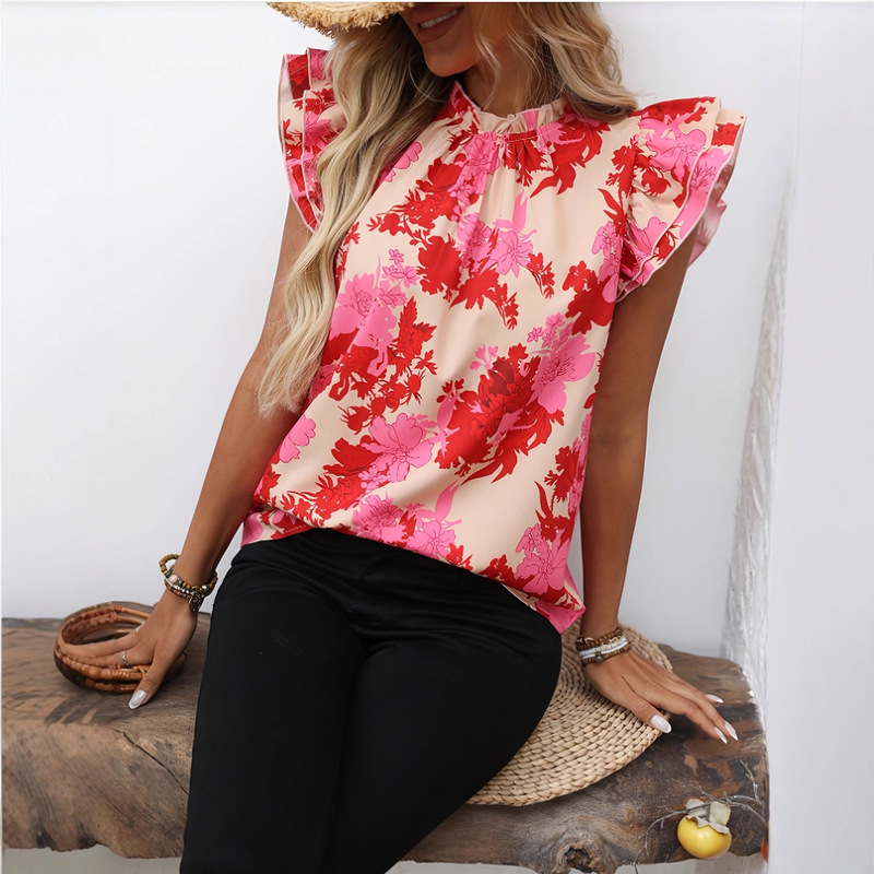 Foreign Trade Cross-Border 2025 Women's Fashion Butterfly Sleeve Shirt New Floral Top Tropical Floral Style Casual Foreign Trade Cross-Border 2025 Women's Fashion Butterfly Sleeve Shirt New Floral Top Tropical Floral Style Casual