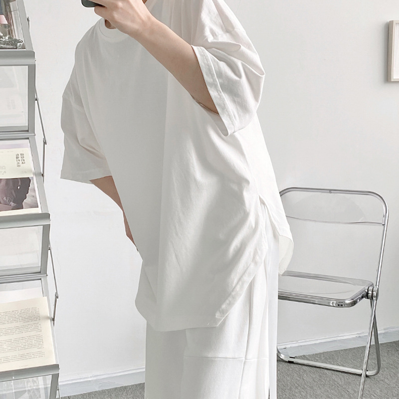 早夏个性下摆宽松简约短袖T恤潮男纯色ins打底衫上衣棉汗衫