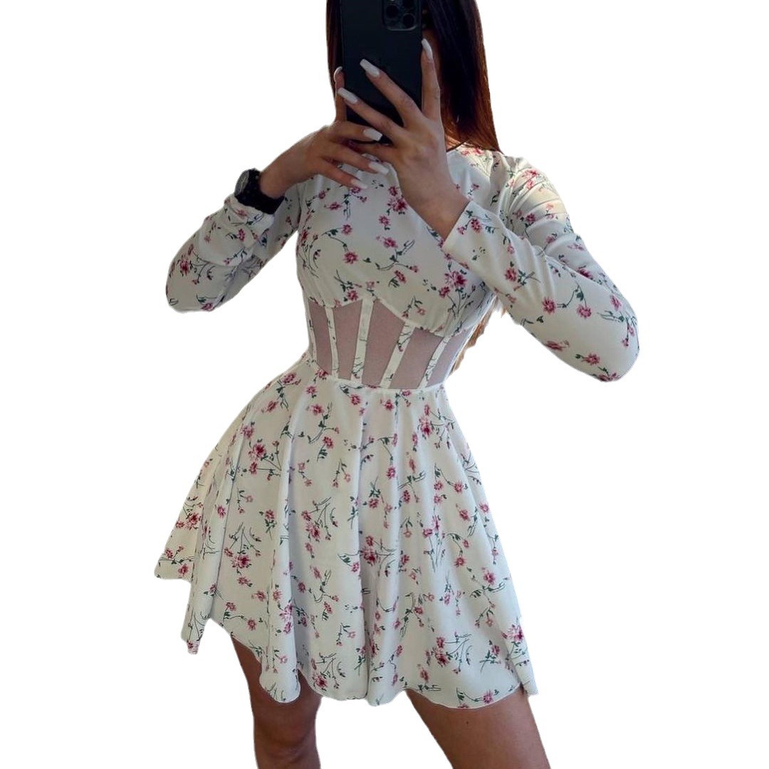 Women's Clothing new dress round neck long sleeve summer sexy mesh hollow stitching printed short skirt for women_senzul.com