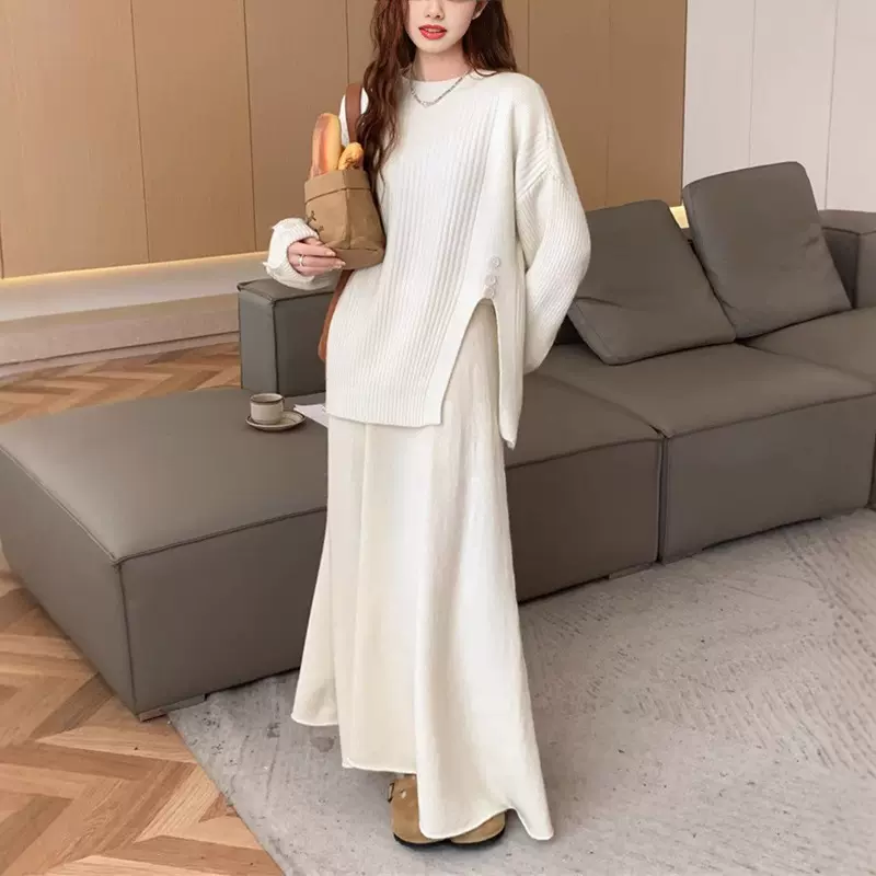 慵懒风毛衣套装裙女秋冬宽松圆领开叉针织衫上衣半身裙时尚两件套