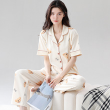 夏季纯棉睡衣女翻领气质新款短袖长裤开衫甜美可外穿家居服套装