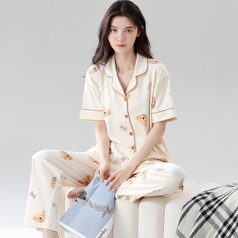 夏季纯棉睡衣女翻领气质新款短袖长裤开衫甜美可外穿家居服套装
