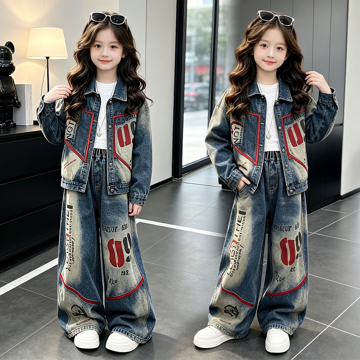 Girls' Spring and Autumn Denim Set 2026 New Korean Style Trendy Top and Printed Wide-Leg Pants Two-Piece Set