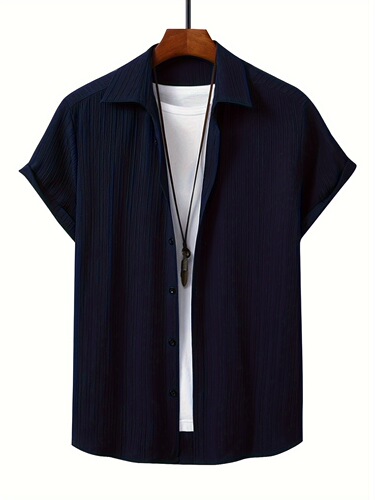 Classic Lapel Short Sleeve Solid Color Casual Button-down Men's Shirt