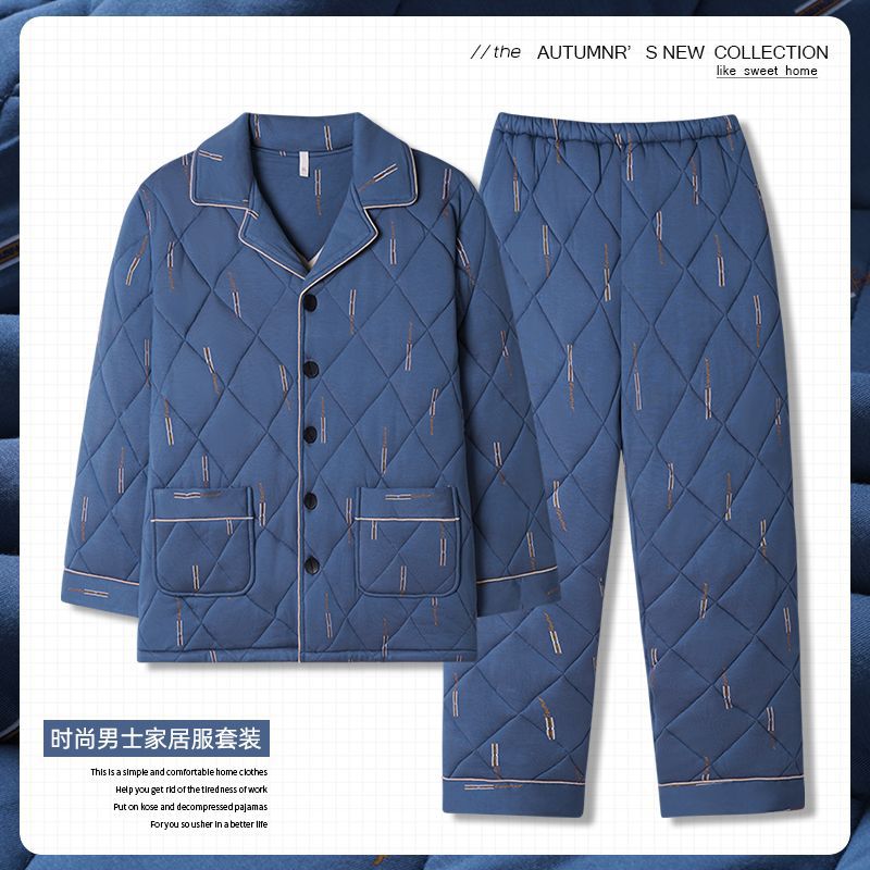 Thickened Pure Cotton Pajamas for Men in Winter, Warm Three-Layer Quilted Large Size Men's Dad Home Clothes Autumn and Winter Suits