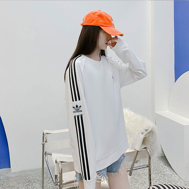 刺绣绣花标情侣卫衣男女同款三条杠套头宽松三叶草小众休闲上衣|undefined