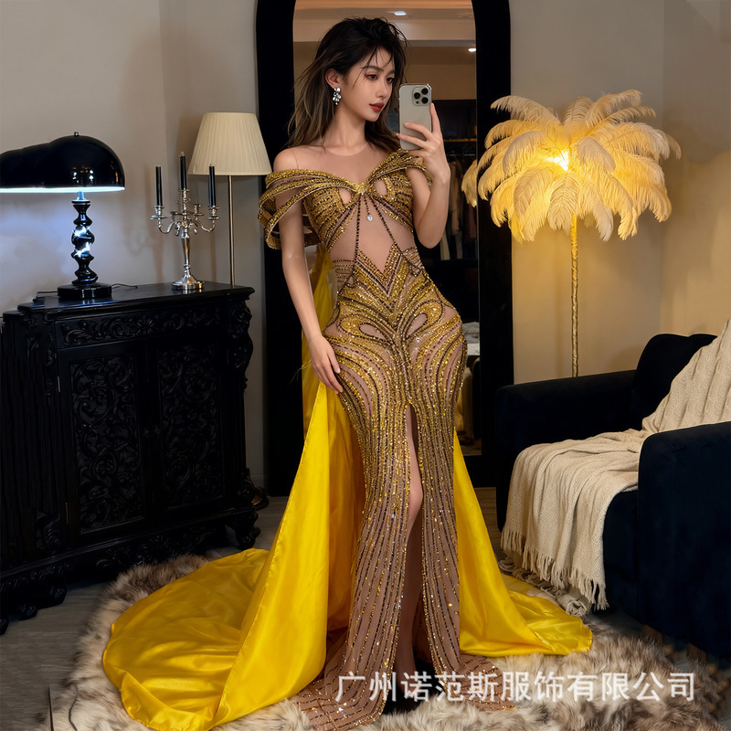 Original Design Heavy-Duty Gold Lace-Up Waist-Cinching Floor-Length Gown International Beauty Pageant Runway Evening Party Dress