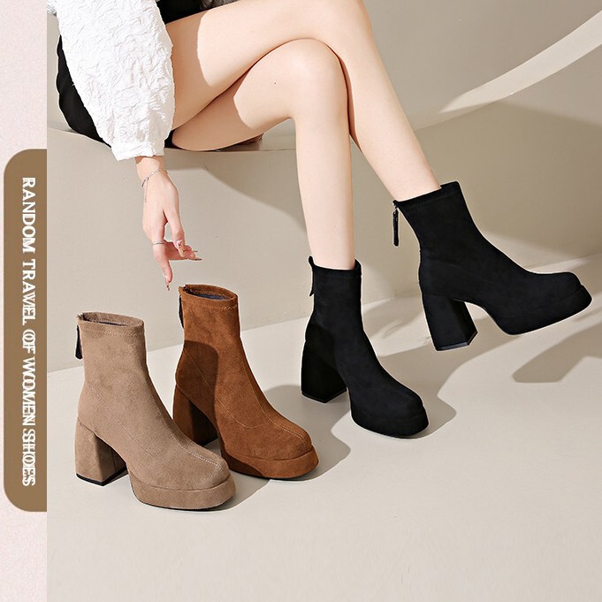 New Suede Thick-Soled High-Heeled Martin Boots for Women, Fashionable Back Zipper Suede Martin Boots for Women, Fashionable High-Heeled Cloth Boots New Suede Thick-Soled High-Heeled Martin Boots for Women, Fashionable Back Zipper Suede Martin Boots for Women, Fashionable High-Heeled Cloth Boots