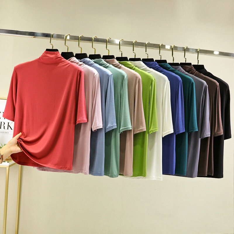 Bit cotton half-high collar base shirt for women, five-quarter sleeve T-shirt, spring and autumn thin slim-fit plus-size versatile mid-sleeve top