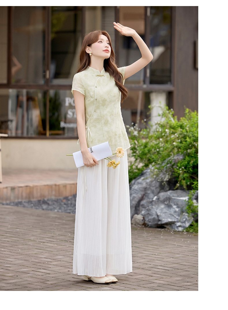 Bộ áo sơ mi cổ đức in họa tiết kết hợp quần dài hai mảnh nữ thời trang — Xanh lá cây nhạtcolor, Vàng nhạt chi tiết 24