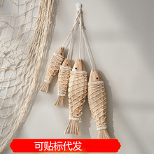 地中海创意复古做旧壁挂饰品乡村年年有鱼木质仿古雕刻小鱼串大号