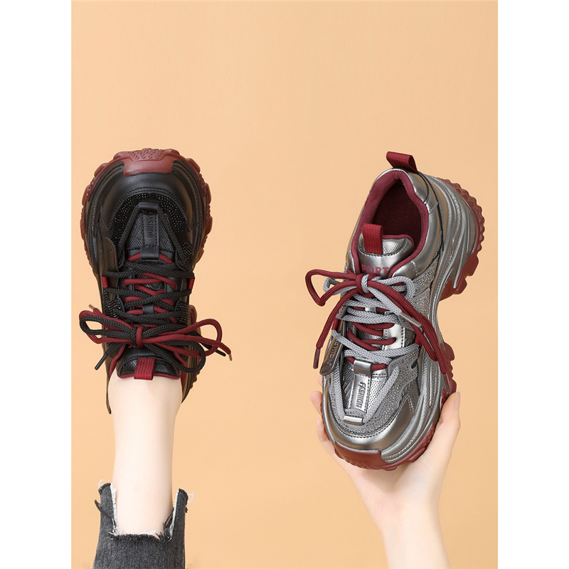 Leather rhinestone thick-soled dad shoes women 2024 new autumn and winter fleece-lined small thick-soled casual sneaker