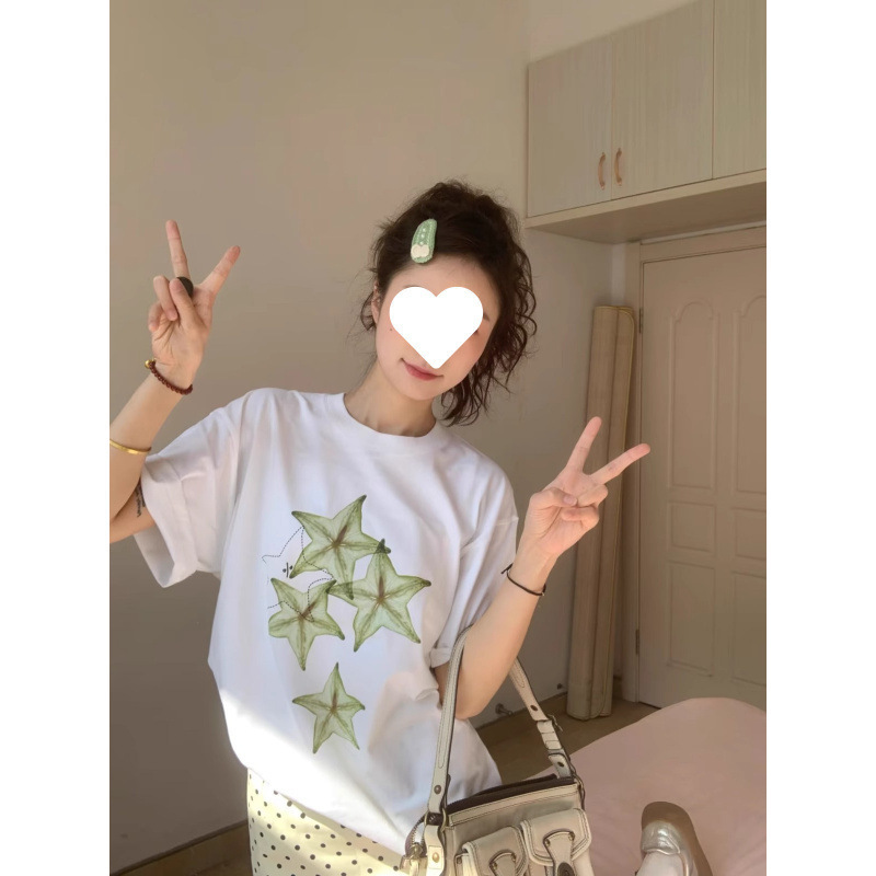 韓国ニッチホワイト半袖シャツ女性の夏楽しいタネギプリントルーズカジュアルヘビーウェイトコットントップ|undefined