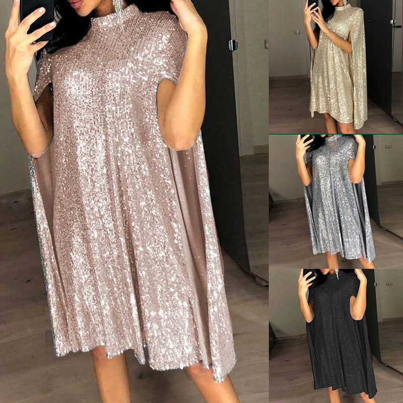 2026 Autumn and Winter New Amazon Wishebay European and American Foreign Trade New Style Small Stand Collar Sequined Dress Loose Women's Clothing