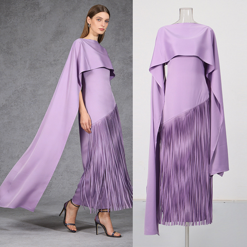 Mist Purple Bias-Cut Tassel Cape-Style Gown Long Dress 2026 Summer New Women's High-End Shawl Dress for Women Mist Purple Bias-Cut Tassel Cape-Style Gown Long Dress 2026 Summer New Women's High-End Shawl Dress for Women