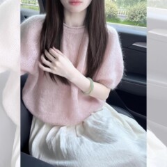 韩系早秋季氛围感穿搭粉色奶fufu软糯短袖针织衫毛衣女泡泡袖上衣