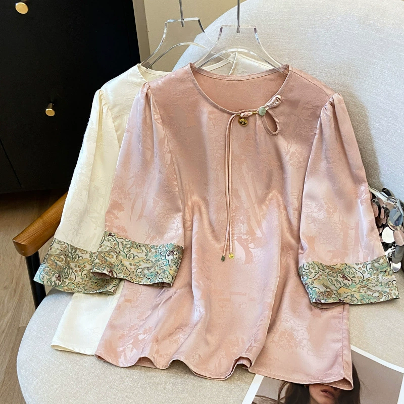 Фото реального образца новой летней китайской рубашки из ацетатного жаккарда 2025 года, элегантная, больших размеров, повседневного стиля.