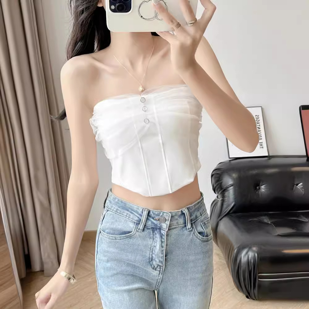 White Strapless Wedding Dress with Built-In Bra, Anti-Exposure Mesh, Strapless Wrap Bra with Chest Pads, Off-Shoulder Beautiful Back Lingerie